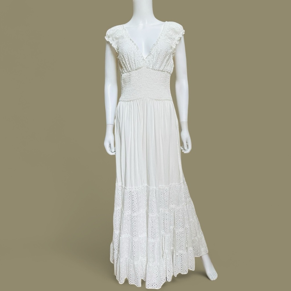 Solitaire Swim White Eyelet Maxi Tiered Dress, NWT, M